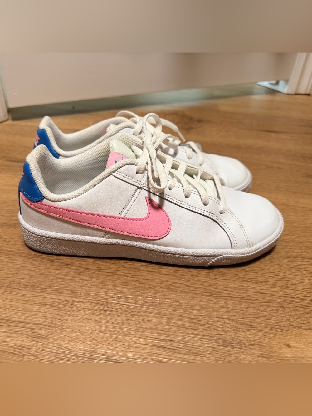 Nike Court Royale White Sneakers with Pink Swoosh and Blue Heel Tab